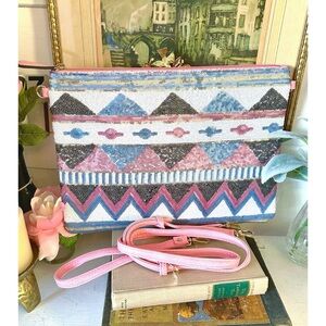 Aztec print Sequin pink and purple crossbody purse